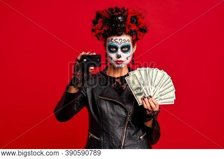 Scary Young Creepy Lady Calavera. Wears Artistic Make-up For The Feast Of All The Dead.wears Black L