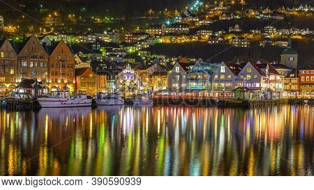 Bergen, Norway- 12 December 2015: View Of The City Center, Floyen Hill And The Floibanen Cable Car A