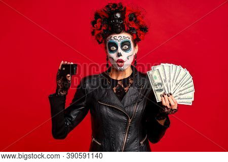 Scary Young Creepy Lady Calavera. Wears Artistic Make-up For The Feast Of All The Dead.wears Black L
