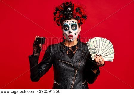 Scary Young Creepy Lady Calavera. Wears Artistic Make-up For The Feast Of All The Dead.wears Black L