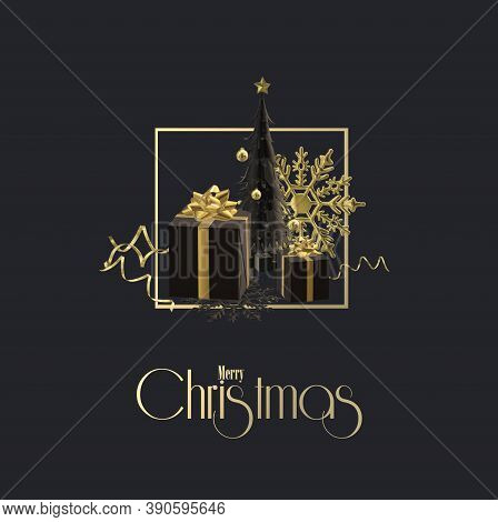 Christmas Holiday Card In Black And Gold. Abstract Xmas Gift Boxes, Xmas Tree, Snowflakes, Strimmer,