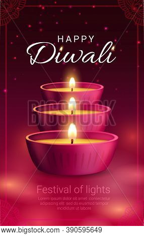 Diya Lamps, Vector Diwali Or Deepavali Light Festival Of Indian Hindu Religion Holiday. Pink Clay La