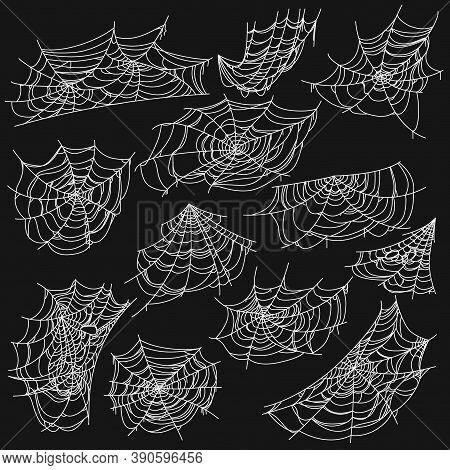 Net And Web Of Spiders Vector Set Of Halloween Horror Holiday. White Sticky Silk Threads Of Cobweb A