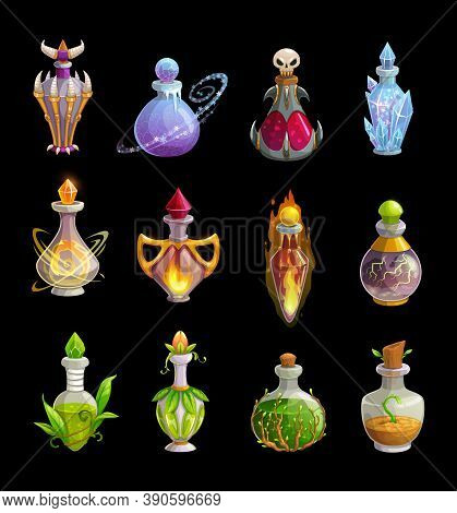Potion Bottles Vector Icons, Magic Elixir In Glass Flasks With Green Leaves, Fire, Ice Crystals And 