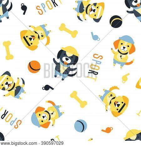Seamless Pattern Of Cute Dogs Of Different Breeds. Funny Cartoon Character. Dogs With Accessories Fo