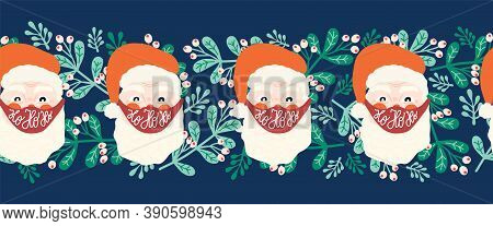 Christmas Border Coronavirus Seamless. Santa Claus Wearing A Protective Face Mask Against Covid Hori