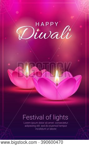 Indian Diwali Light Festival Diya Lamps Vector Design Of Hindu Religion Holiday. Deepavali Oil Lamps