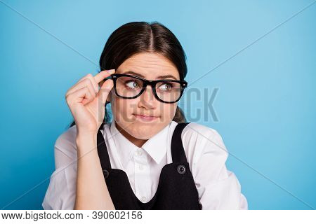 Close-up Portrait Of Her She Nice Attractive Lovely Pretty Shy Modest Unsure Schoolgirl Touching Spe