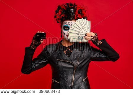 Scary Young Creepy Lady Calavera. Wears Artistic Make-up For The Feast Of All The Dead.wears Black L