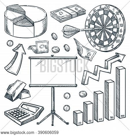 Investment And Finance Business Icons. Hand Drawn Vector Sketch Illustrations. Commerce And Marketin