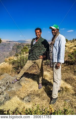 Simien Mountains, Ethiopia - Feb 07, 2020: Ethiopian People At Simien Mountains National Park In Eth