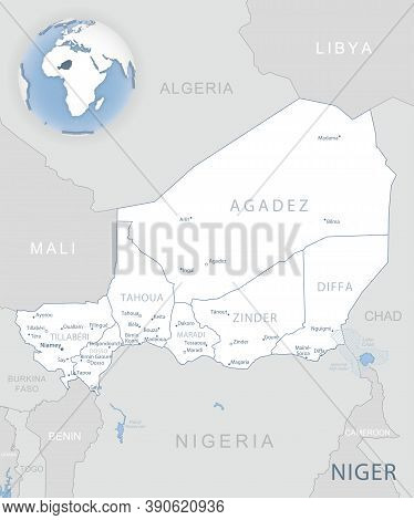 Blue-gray Detailed Map Of Niger Administrative Divisions And Location On The Globe.