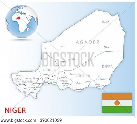 Detailed Niger Administrative Map With Country Flag And Location On A Blue Globe.