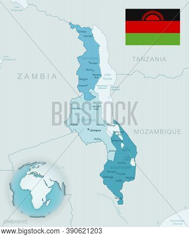 Blue-green Detailed Map Of Malawi Administrative Divisions With Country Flag And Location On The Glo
