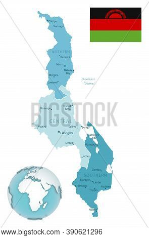 Malawi Administrative Blue-green Map With Country Flag And Location On A Globe.