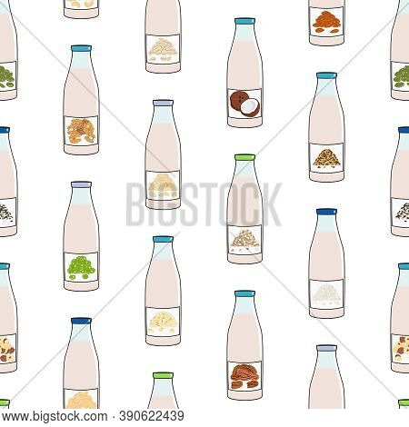 Seamless Pattern Of Bottles With Plant Based Milk