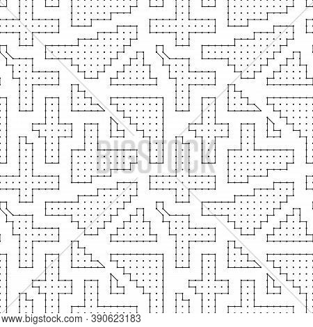 Seamless Pattern. Figures, Dots Ornament. Folk Wallpaper. Simple Shapes, Spots Backdrop. Embroidery 