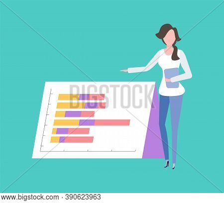 Woman Showing Presentation Vector, Lady With Papers And Business Reports In Hands, Infochart Visuali