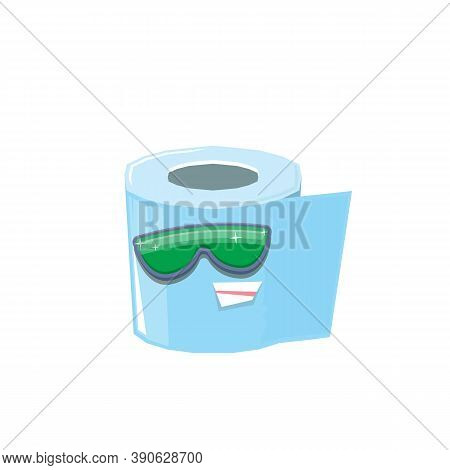 Vector Funny Cartoon Toilet Paper Roll Character With Sunglasses Isolated On White Background. Funky