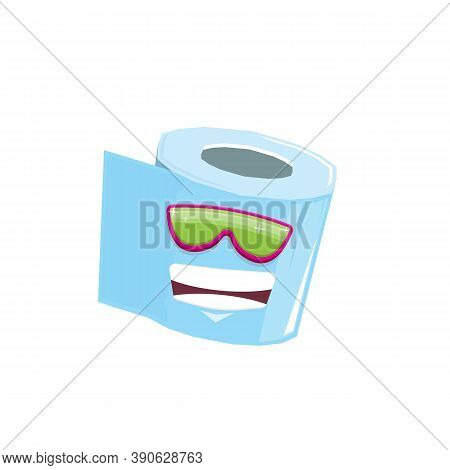 Vector Funny Cartoon Toilet Paper Roll Character With Sunglasses Isolated On White Background. Funky