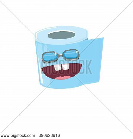 Vector Funny Cartoon Toilet Paper Roll Character With Sunglasses Isolated On White Background. Funky