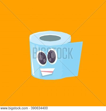 Vector Funny Cartoon Toilet Paper Roll Character Isolated On Orange Background. Funky Smiling Kawaii