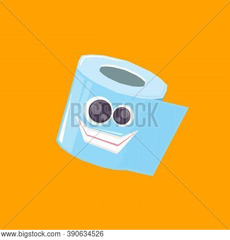 Vector Funny Cartoon Toilet Paper Roll Character Isolated On Orange Background. Funky Smiling Kawaii