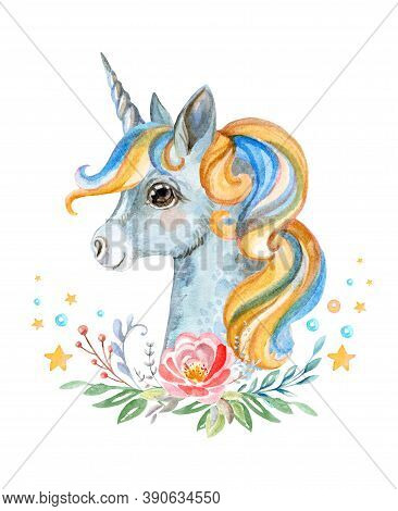 Cute Romantic Unicorn In Profile With Flowers And Srars, Watercolor Illustration Isolated On White B
