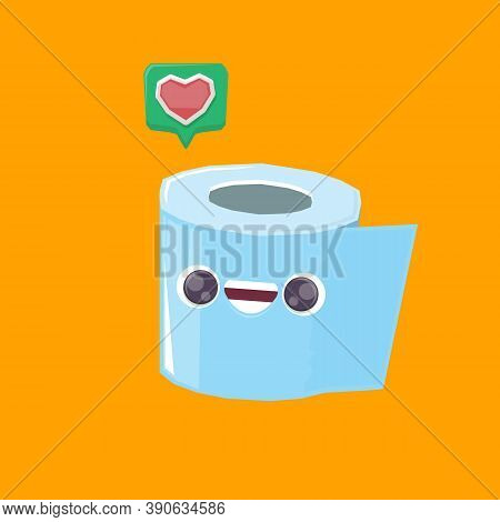 Vector Funny Cartoon Toilet Paper Roll Character Isolated On Orange Background. Funky Smiling Kawaii
