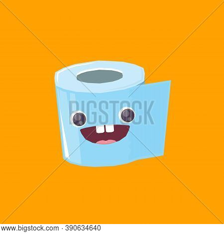 Vector Funny Cartoon Toilet Paper Roll Character Isolated On Orange Background. Funky Smiling Kawaii
