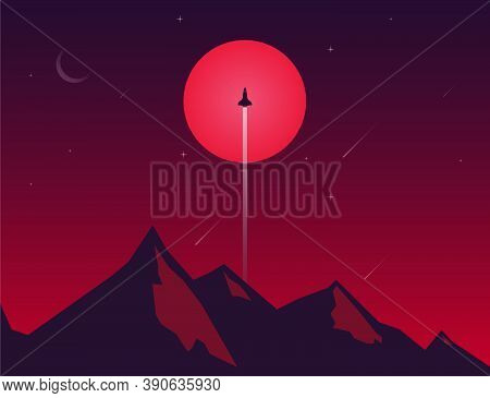 Rocket Launch On Space Landscape Background. Vector Illustration In Flat Style Design.
