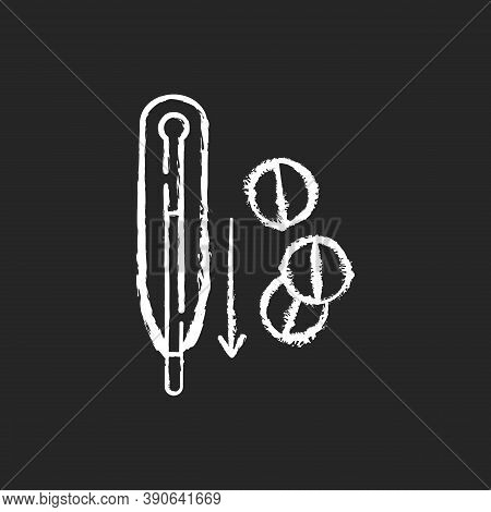 Fever Reducer Pills Chalk White Icon On Black Background. Drugs For Flu Treatment. Remedy For Temper