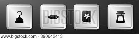 Set Pirate Hook, Vampire Teeth, Ancient Magic Book And Bottle With Potion Icon. Silver Square Button