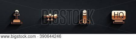 Set Soldier Grave, Sniper Optical Sight, Rocket And Military Headquarters Icon With Long Shadow. Vec