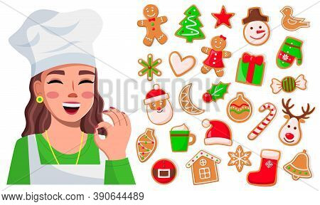 Smiling Cook Woman Show Ok Good Sign. Delicious Sweet Cookies. Set Of Christmas Cookies, Fir-tree, S