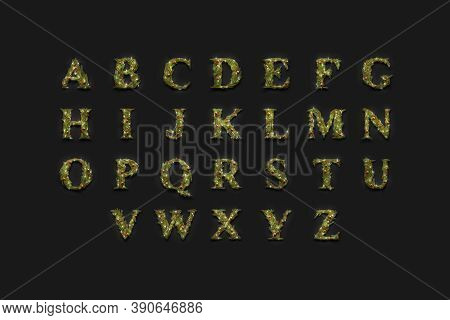 Decorative Capital Aphabet, Christmas Font Mockup Set In Darkness, 3d Rendering. Illuminated Letter 