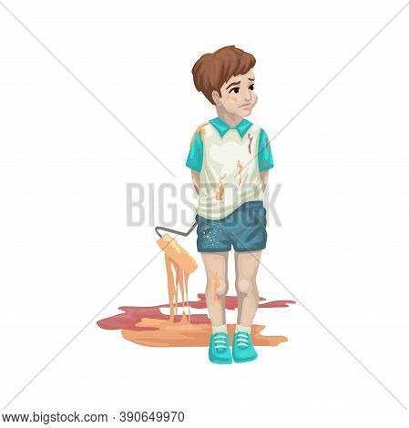 Little Boy With A Brush In The Paint, Painting Roller, Repair In The Nursery, Character On A White B