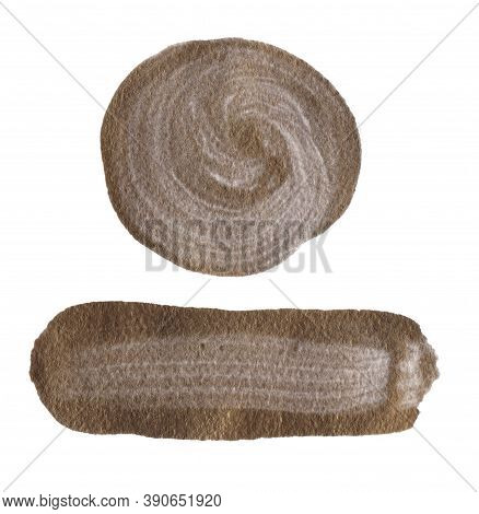 A Set Of Textured Stroke Of Dark Antique Gold Paint And A Circle On White Background