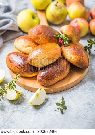 Ready-made Baked Pies (pirogi) With Apple. Traditional Russian Cuisine.homemade Delicious Apple Pie 