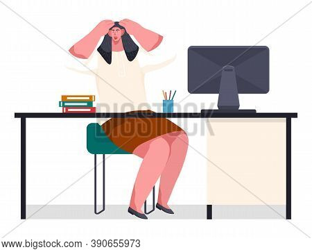 Chaos In Office. Office Worker With Scared Holding Hands By Head. Unorganized Woman Stressing, Confu