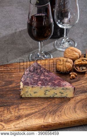 Cheese Collection, Blue Stilton English Cheese Matured In Red Porto Wine Served As Dessert With Waln