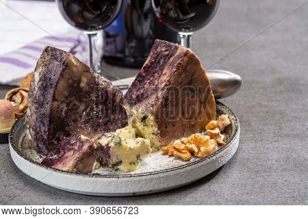 Cheese Collection, Blue Stilton English Cheese Matured In Red Porto Wine Served As Dessert With Waln