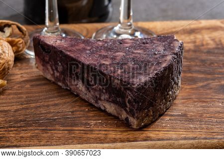Cheese Collection, Blue Stilton English Cheese Matured In Red Porto Wine Served As Dessert With Waln