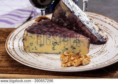 Cheese Collection, Blue Stilton English Cheese Matured In Red Porto Wine Served As Dessert With Waln