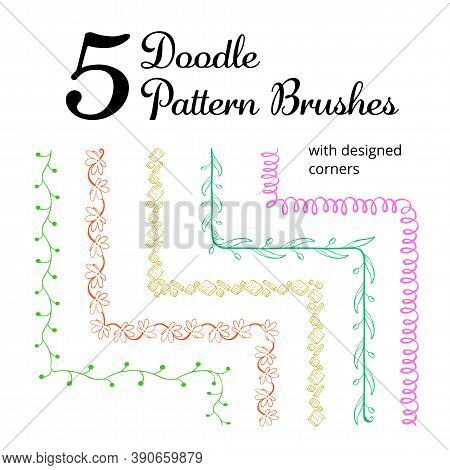 Vector Set Of Five Hand Drawn Brushes With Corner Tiles. Seamless Pattern Of Different Colors For Fr