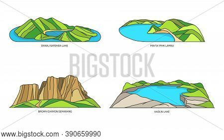 Indonesia Landmarks, Line Travel Icons In Color