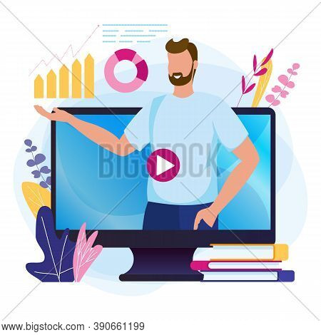 Online Webinar. E-learning, Training Podcast Concept With Video Lector Man, Business Coaching.