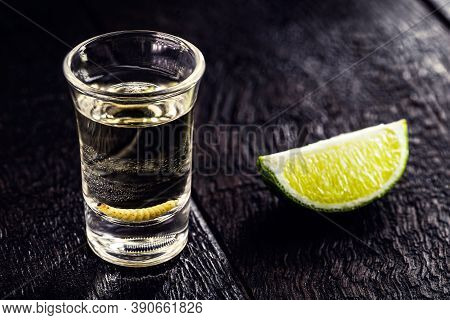 Glass With Mezcal (or Mescal) Is Commonly Known As Tequila With Larvae Or Worm, An Exotic Mexican Dr