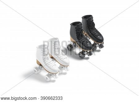 Blank Black And White Roller Skates With Wheels Mockup Pair, 3d Rendering. Empty Rollerskates Shoela