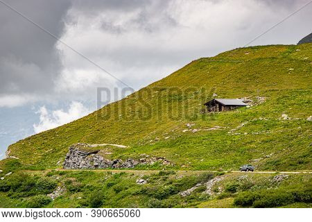 Aerial View Of Mountainscape Below Lac De Moiry In The Swiss Alps. Ch Switzerland.
